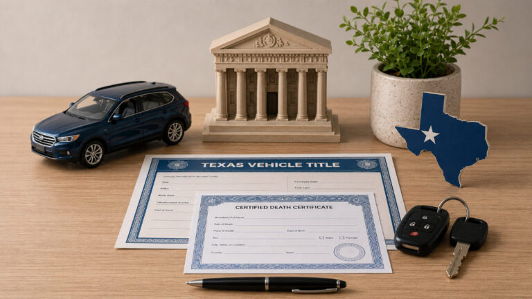 Desk scene with Texas vehicle title paperwork, a certified death certificate, car keys, a pen, a car model, a courthouse model, and a Texas cutout.