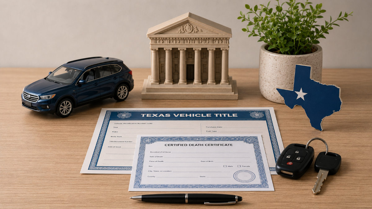 Desk scene with Texas vehicle title paperwork, a certified death certificate, car keys, a pen, a car model, a courthouse model, and a Texas cutout.