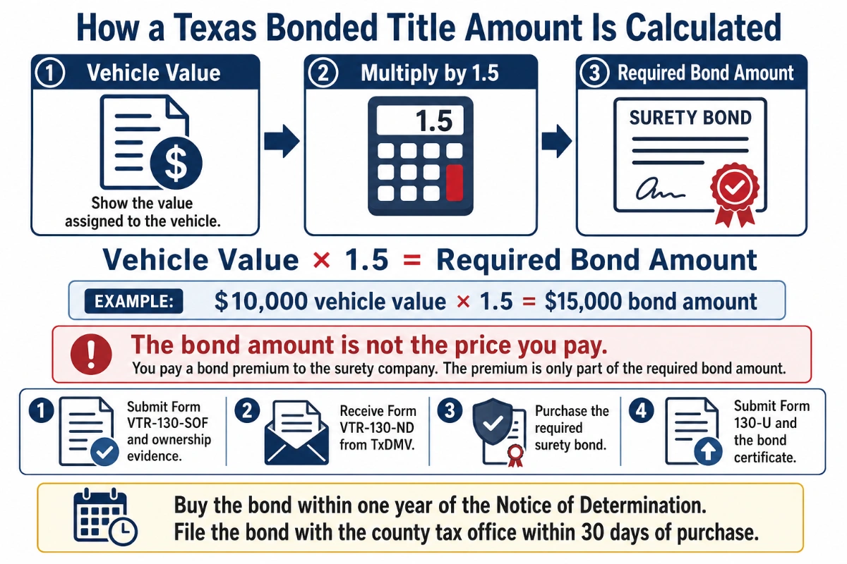 Infographic showing how a Texas bonded title amount is calculated using vehicle value multiplied by 1.5, with an example and the main steps in the bonded title process.