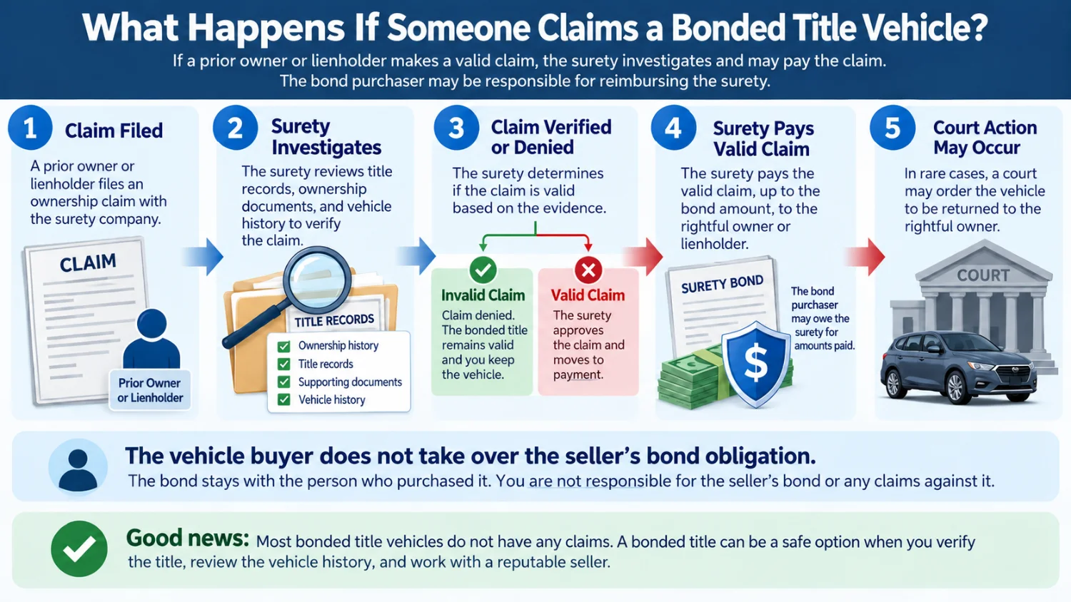 Infographic showing what happens when someone files a claim against a bonded title vehicle.