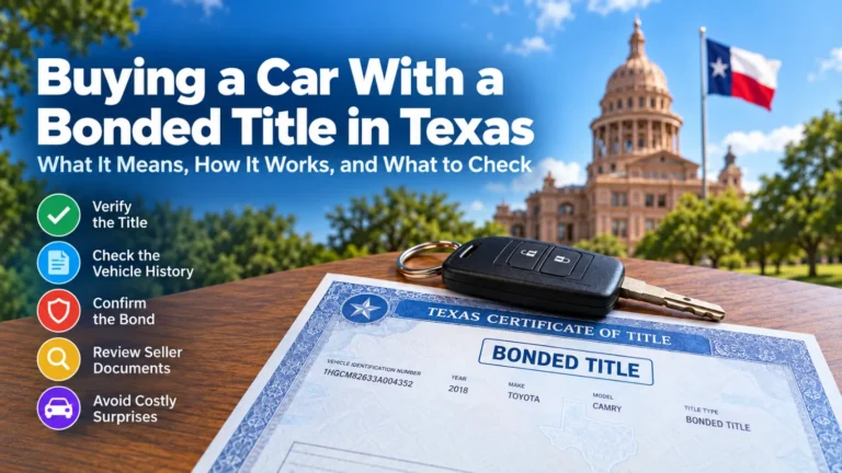 Texas bonded title with car keys for an article about buying a car with a bonded title.