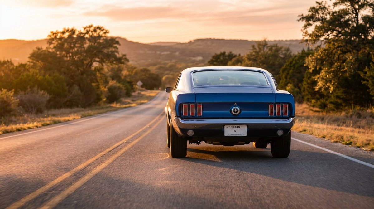Blue Mustang driving down a Texas road at sunset
